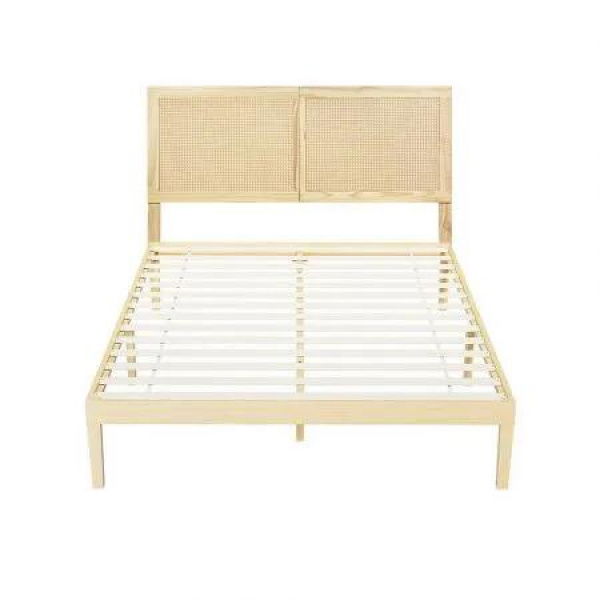 Artiss Bed Frame Double Size with Rattan Headboard Wooden Bed Base BRUNO