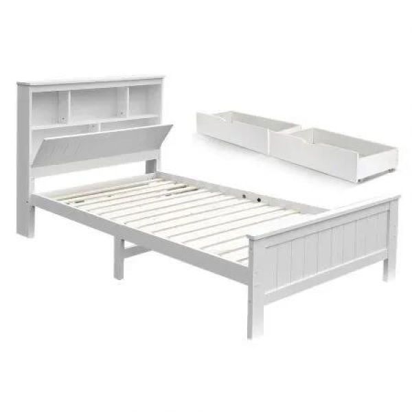 Artiss Bed Frame King Single Size Wooden with 2 Storage Drawers White