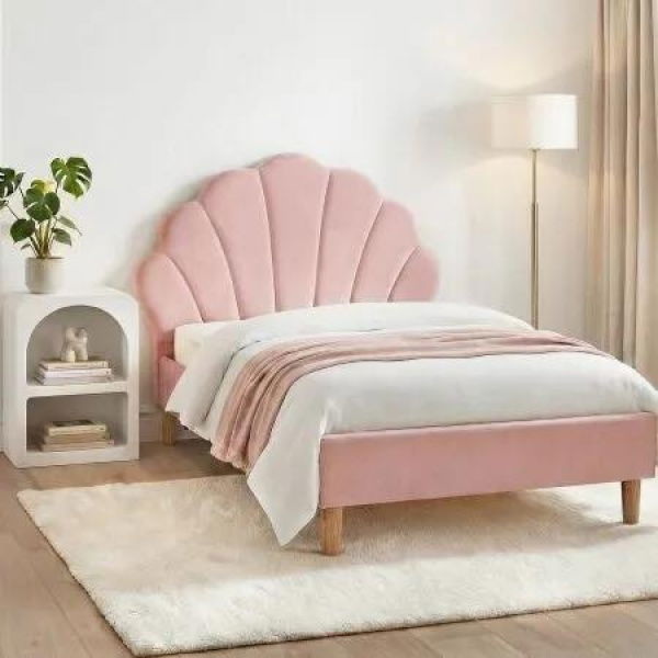 Artiss Bed Frame King Single with Bedside Table Set Scallop Headboard Pink Velvet Fabric Beds Base