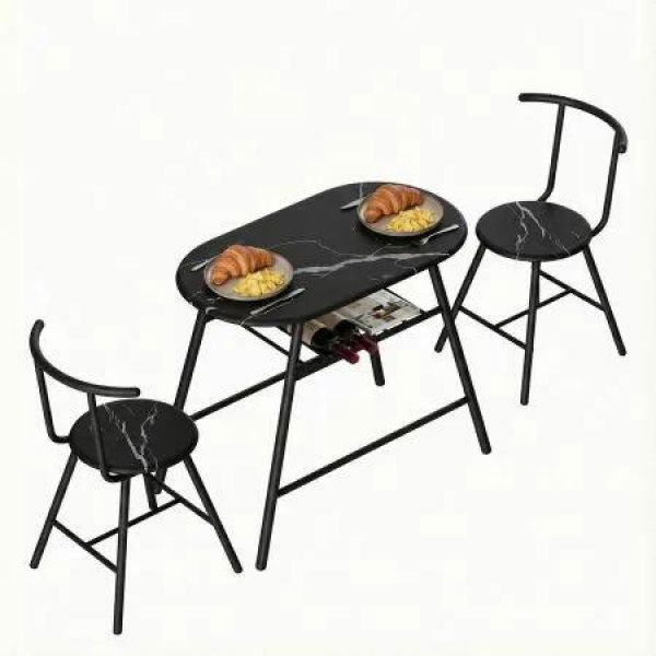 Artiss Dining Table Set 3PC Bistro Kitchen Storage Wine Rack Black Marble Style