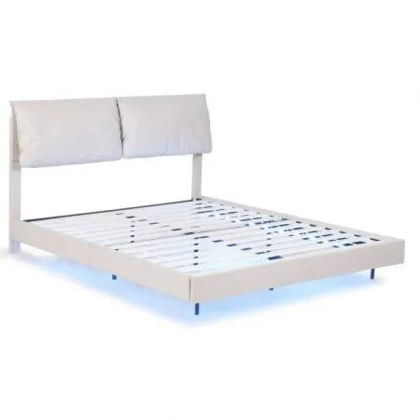 Artiss Double Bed Frame RGB LED Floating Beds Adjustable Headboard Beige White