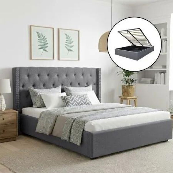 Artiss King Bed Frame Storage Tufted Headboard Gas Lift Base Grey
