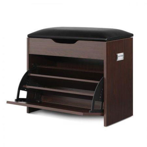 Artiss Shoe Rack Cabinet Bench 3-tier 15 Pairs Walnut