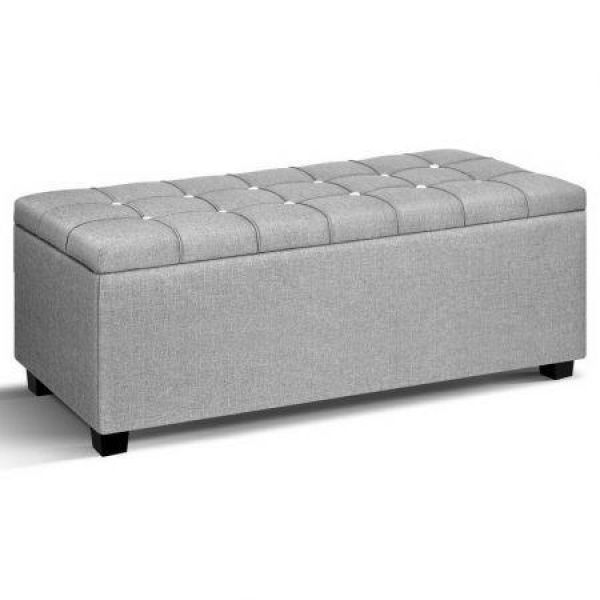 Artiss Storage Ottoman Blanket Box 97cm Button Linen Grey