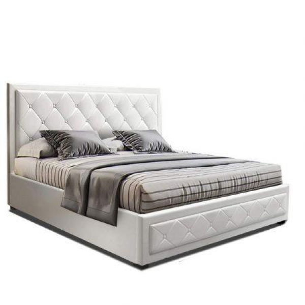 Artiss Tiyo Bed Frame PU Leather Gas Lift Storage - White Queen