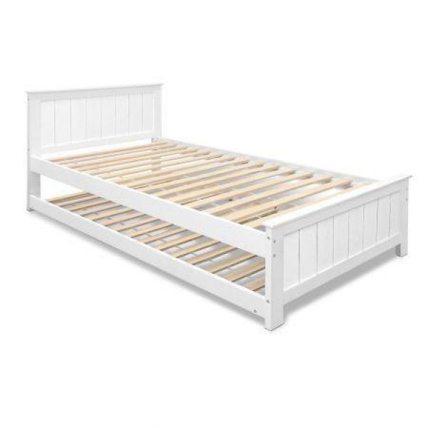 Artiss Wooden Trundle Bed Frame Timber Slat King Single Size White