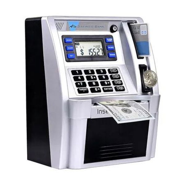 ATM Piggy Bank for Real Money for Kids Toy Money Bank with Card, Password, Coin Recognition, Bill Feeder, Calculator