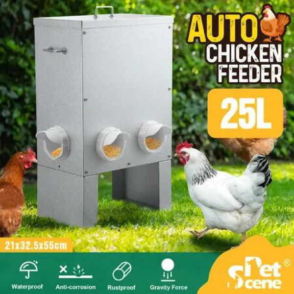 Auto Chicken Feeder 25L Automatic Hen Poultry Food Dispenser Rat Bird Rain Proof Steel Duck Goose 6 Feeding Ports