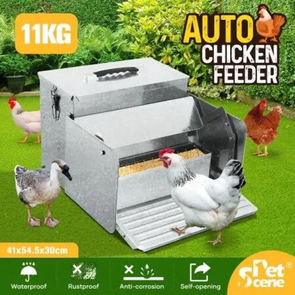 Auto Chicken Feeder Automatic Treadle Rat Proof Poultry Chook Hen Duck Coop Food Dispenser No Spill Galvanized Steel 11kg with Stopper