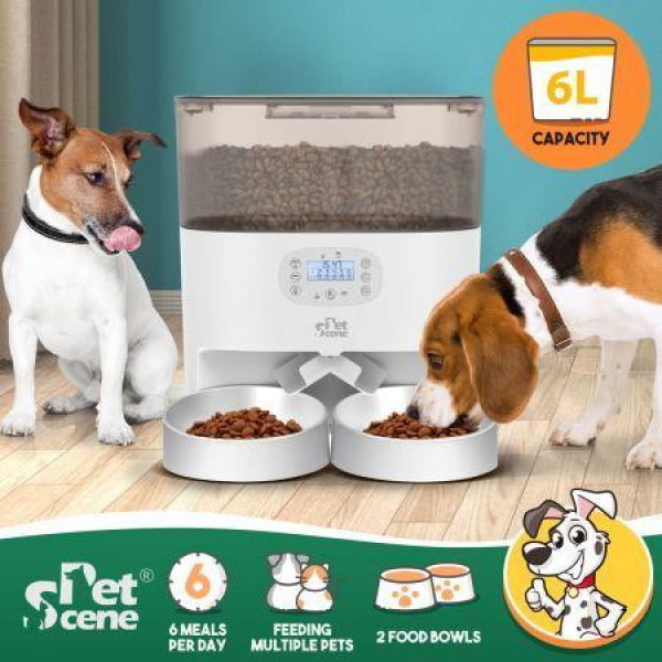 Auto Pet Cat Feeder Dog Automatic Dual Bowls Timed Food Dispenser 6L With Voice Recorder Petscene White