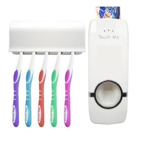 Automatic Auto Toothpaste Dispenser And 5 Toothbrush Holder Set White