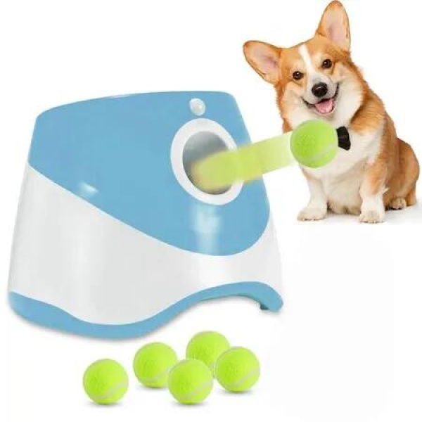 Automatic Ball Launcher With 6 Balls,Interactive Dog Fetch Machine,3 Adjustable Distances From 3-9M For Dog Color Blue