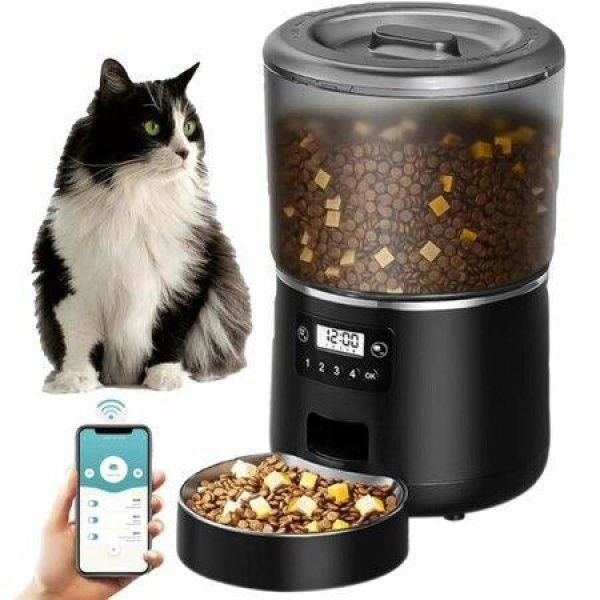 Automatic Cat Feeder, WiFi Automatic Cat Food Dispenser with APP Control, Smart Timed Pet Feeder with Stainless Steel Bowl(Black)