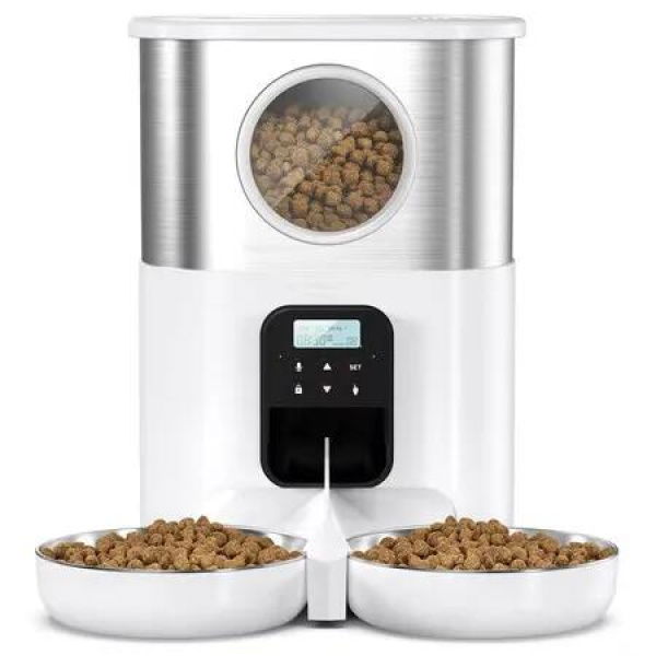 Automatic Cat Feeders for Two Cats,Pet Feeder for Cats and Dogs Timed Feeder Dry Food Dispenser-White