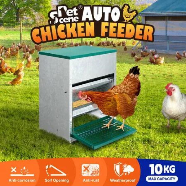 Automatic Chicken Feeder 10kg Auto Poultry Treadle Food Dispenser Rabbit Chook Hen Feeding Supplies Water Rat Bird Proof Galvanised Steel