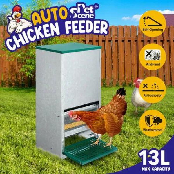 Automatic Chicken Feeder 13L Auto Poultry Rabbit Chook Treadle Food Dispenser Hen Feeding Supplies Bird Rat Water Proof Galvanised Steel