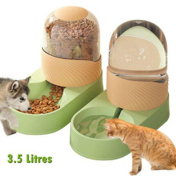 Automatic Dog Cat Feeder Water Dispenser Set With Pet Food Bowl Cat Food Water Dispenser - (3.5L Green)