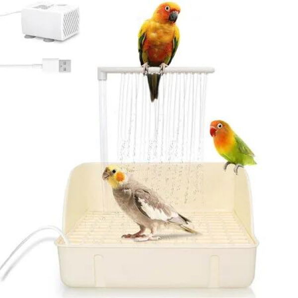 Automatic Parakeet Bird Bath with Pump, Large Bird Shower Fountain Indoor Bathtub with Running Water, Parrot Bath Tub Faucet for Pet Birds, White