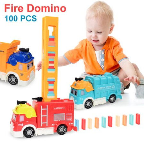 Automatic Placement Domino Brick Train Car Sound Light Set Children Colorful Plastic Blocks Game Toys Car Fire Fighting Truck.