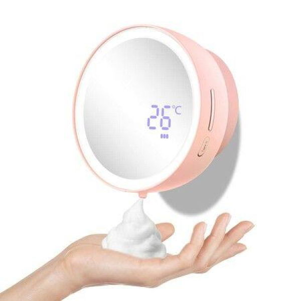 Automatic Soap Dispenser Wall Mount Foaming Touchless USB Rechargeable With Mirror LED Light For Bathroom-Pink