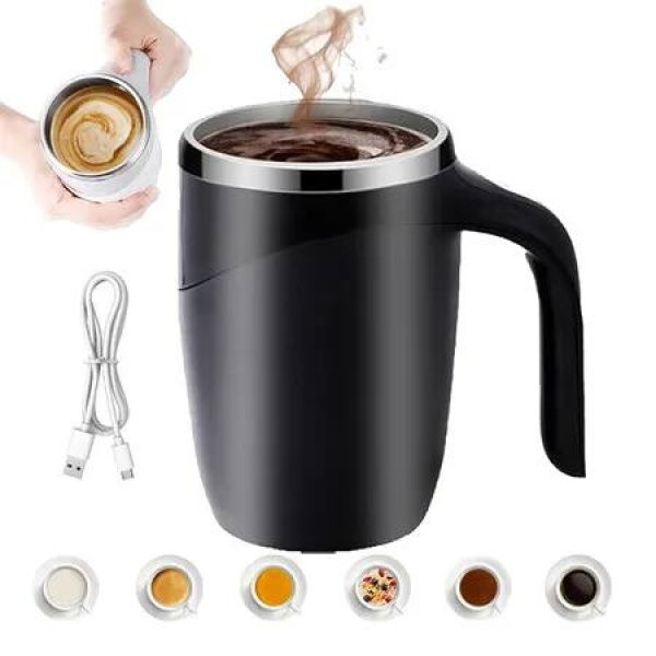 Automatic Stirring Coffee Mug, Stainless Steel Magnetic Rechargeable Electric Coffee Stirrer Mugs with Lid for Stir Office, Travel, Kitchen (Black)