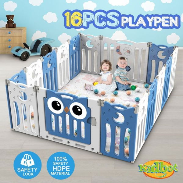 Baby Playpen Fence Child Safety Gate Kids Enclosure Activity Centre Barrier Toddler Play Room Yard Foldable Owl Design 16 Panels