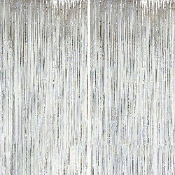 Backdrop Curtain 3FT X 8FT Metallic Tinsel Foil Fringe Curtains Photo Booth Background For Baby Shower Party Birthday Wedding Engagement Bridal Decorations (Silver 2 Pack)