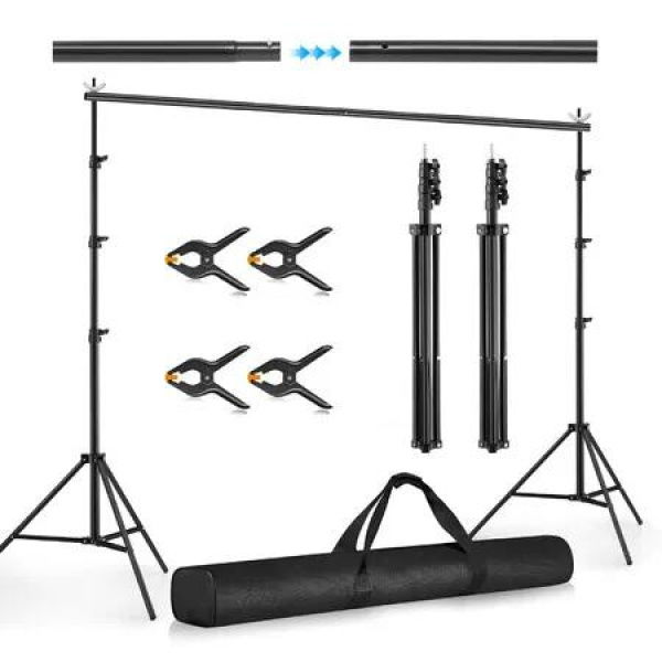 Backdrop Stand Photo Studio Background Support Frame Kit 2.6x3m Adjustable Tripod Screen Clamps Carry Bag for Party Event Birthday Wedding Photography