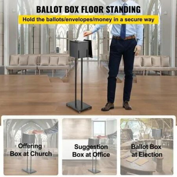 Ballot Box, Floor Standing Suggestion Box with Lock and Sign Holder, Side Pocket for Storing Ballots, Brochures, Donation Box for Home Office Church Election,21.844cm x23.876cm x20.32cm , Black