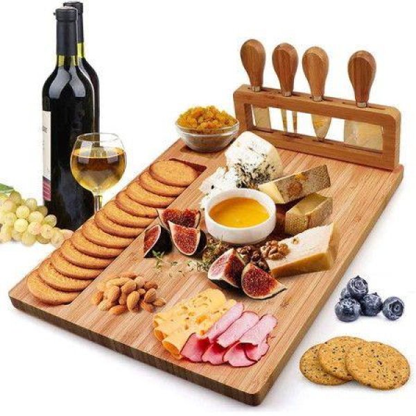 Bamboo Charcuterie Cheese Board Cutlery Knife Set With 4 Knives Set Gift For Birthdays Christmas Housewarming