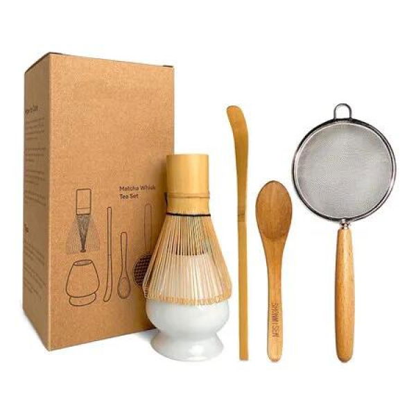 Bamboo Matcha Whisk Set, Matcha Whisk, Chasen,Whisk Holder, White, Sifter, Tea Scoop and Tea Spoon