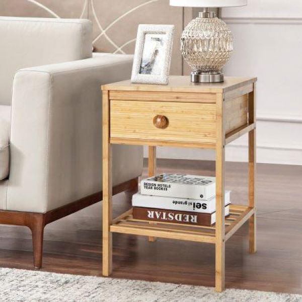 Bamboo Nightstand Bedside Table With Drawer And Open Storage Shelf Natural