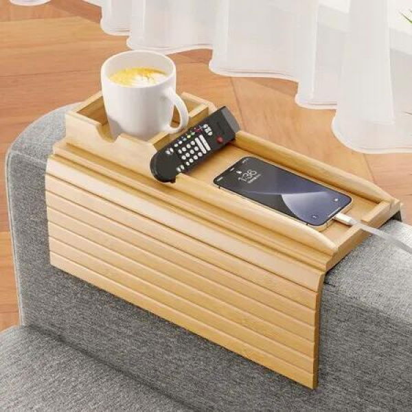 Bamboo Sofa Armrest Tray, Couch Arm Tray with Detachable Couch Cup Holder, 2 in 1 Sofa Armchair Caddy Table for Drinks Cellphone TV Remote Snacks