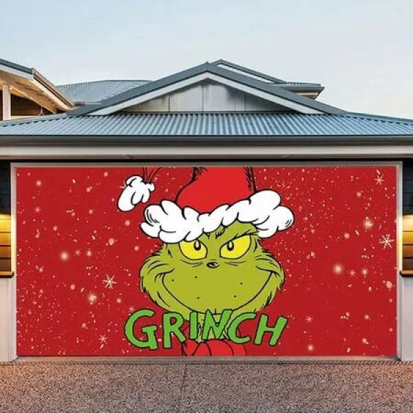Banner Grinch Christmas Garage Door 400x180cm Merry Tree Decoration Backdrop Large Festive Holiday Display Outdoor Party