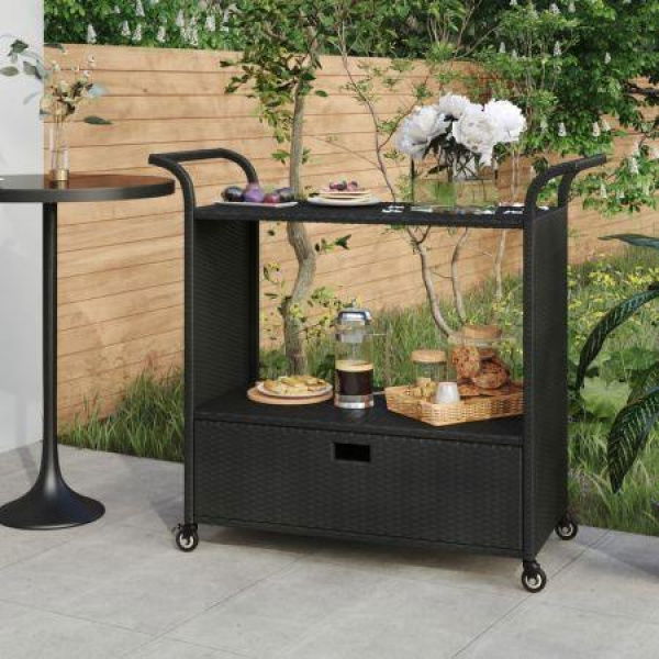 Bar Cart With Drawer Black 100x45x97 Cm Poly Rattan