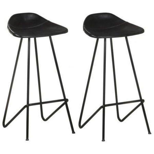 Bar Stools 2 pcs Black Real Leather