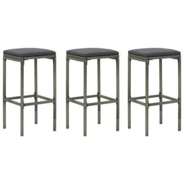 Bar Stools With Cushions 3 Pcs Grey Poly Rattan