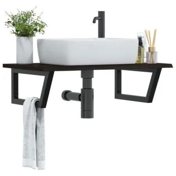 Basin Shelf Wall Mounted Steel and Solid Wood Oak