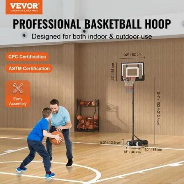 Basketball Hoop 5-7 ft Adjustable Height Portable Backboard System 32 inch Basketball Hoop & Goal Basketball Set with Wheels Stand and Fillable Base