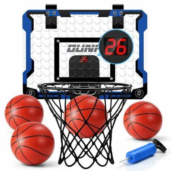 Basketball Hoop Backboard Scoreboard Ring System Set Over the Door Basket Ball Goal Breakaway Rim Indoor Childrens Adults Sport Game Toys Pump 39x28cm