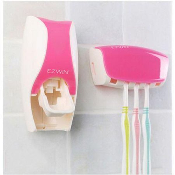 Bathroom Automatic Toothpaste Dispenser Squeezer Toothbrush Holder Set Pink