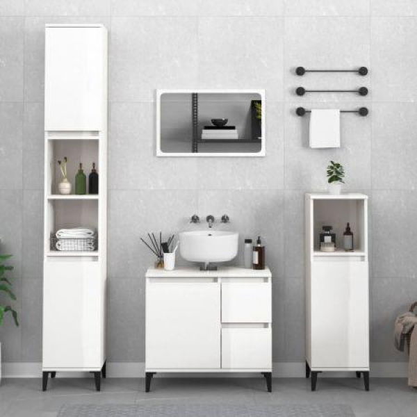 Bathroom Cabinet High Gloss White 30x30x100 Cm Engineered Wood