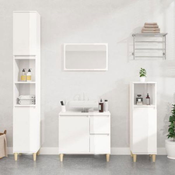 Bathroom Cabinet High Gloss White 30x30x100 Cm Engineered Wood