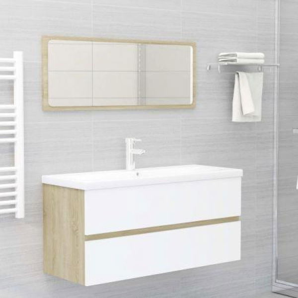 Bathroom Furniture Set White And Sonoma Oak Chipboard