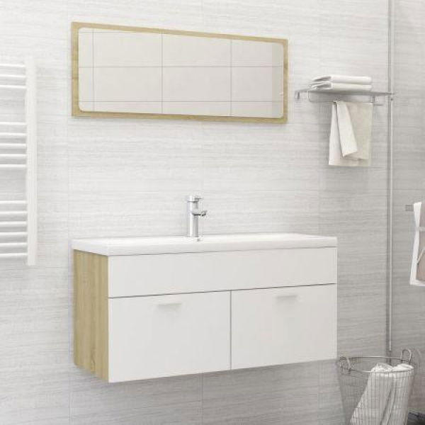 Bathroom Furniture Set White And Sonoma Oak Chipboard