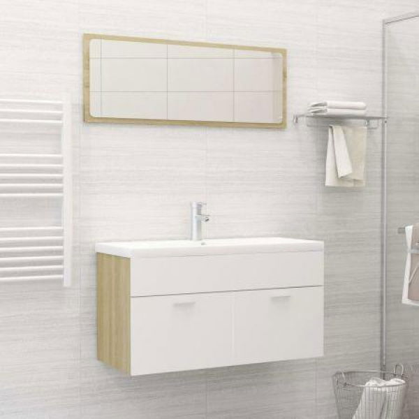 Bathroom Furniture Set White And Sonoma Oak Chipboard