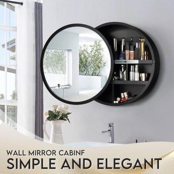 Bathroom Mirror Cabinet Medicine Vanity Round Wall Mirrored Cupboard With Storage Sliding Door Black 60cm Diameter