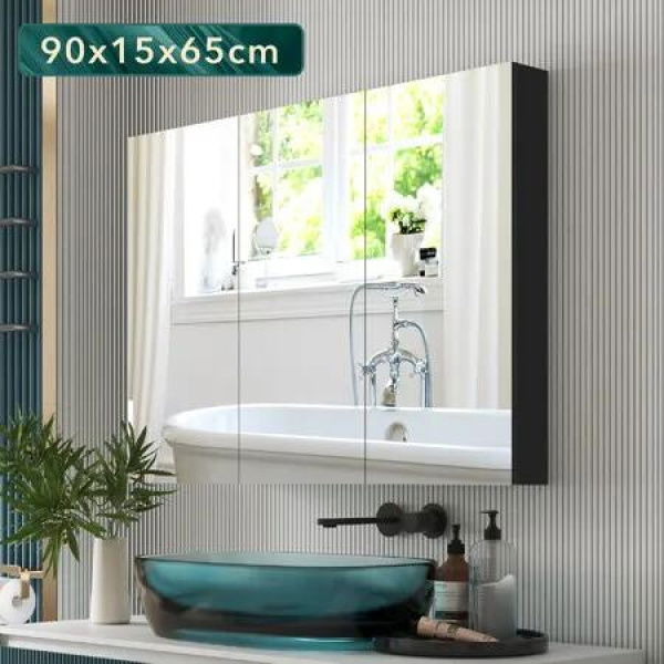 Bathroom Mirror Cabinet Vanity Medicine Shaving Storage Organiser Wall Cupboard Bath Toilet Shower Shelves Furniture Organizer 3 Doors Black