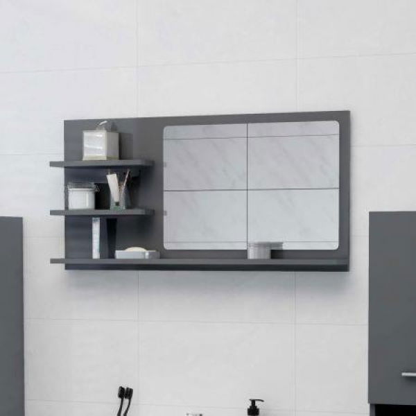 Bathroom Mirror High Gloss Grey 90x10.5x45 Cm Engineered Wood.