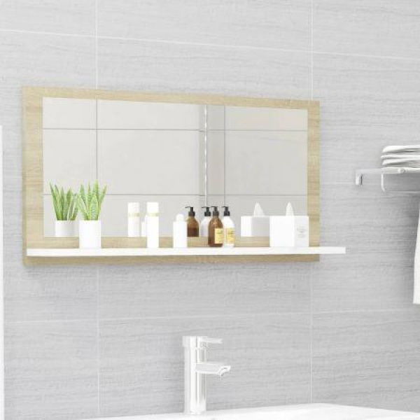 Bathroom Mirror - White And Sonoma Oak - 80x10.5x37 Cm - Engineered Wood.